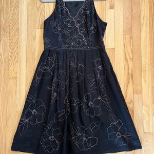 Ann Taylor Black Floral Embroidered Linen Dress Classic Elegant